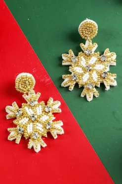 New Dear-Lover Christmas Snowflake Rhinestone Rice Beaded Drop Earrings Gold