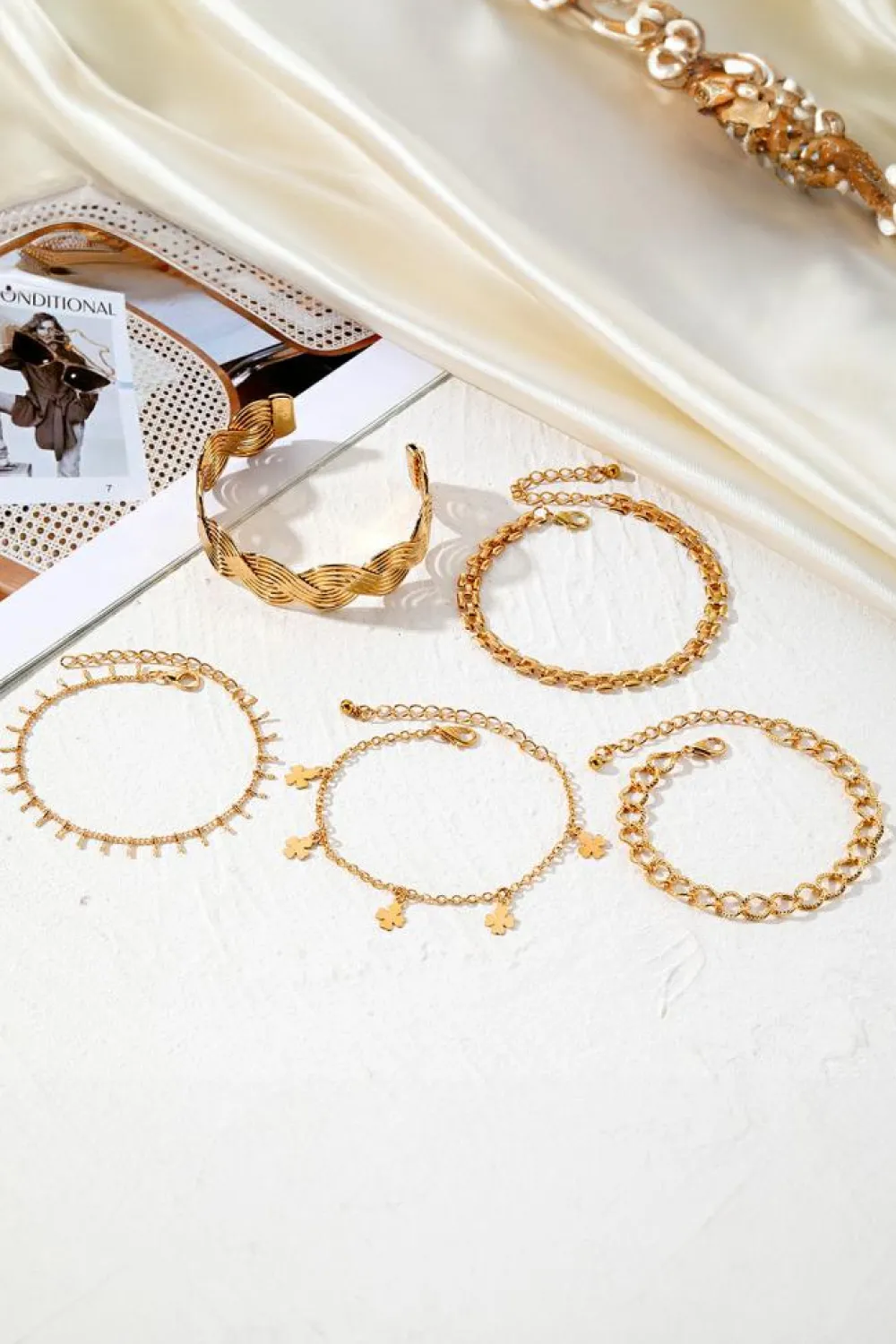Hot Dear-Lover Clover Charm Multi Layered Plated Adjustable Bracelet Set Gold