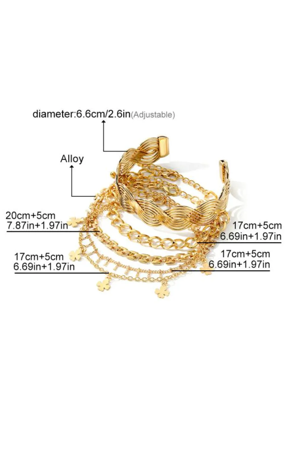 Hot Dear-Lover Clover Charm Multi Layered Plated Adjustable Bracelet Set Gold
