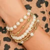 Online Dear-Lover Cross Pearls Decor Plated Beaded Multi Layer Bracelets Gold