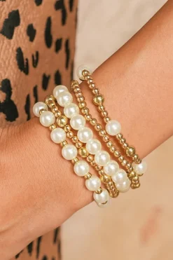 Online Dear-Lover Cross Pearls Decor Plated Beaded Multi Layer Bracelets Gold