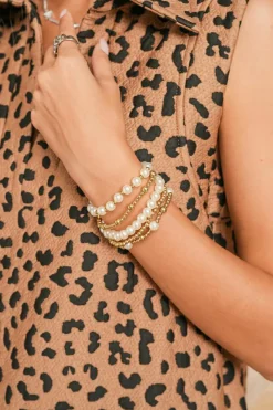 Online Dear-Lover Cross Pearls Decor Plated Beaded Multi Layer Bracelets Gold