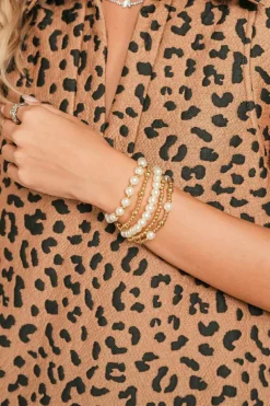 Online Dear-Lover Cross Pearls Decor Plated Beaded Multi Layer Bracelets Gold