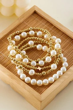 Online Dear-Lover Cross Pearls Decor Plated Beaded Multi Layer Bracelets Gold