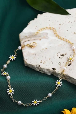 Fashion Dear-Lover Daisy & Pearl Chain Anklet Gold