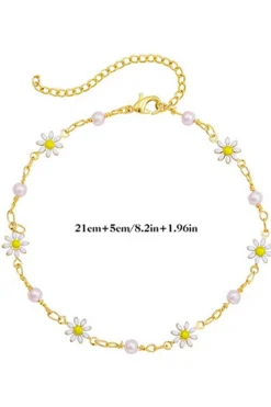 Fashion Dear-Lover Daisy & Pearl Chain Anklet Gold