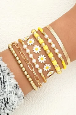 Discount Dear-Lover Daisy Beaded Chain Adjustable Multi Layer Bracelet Set Gold
