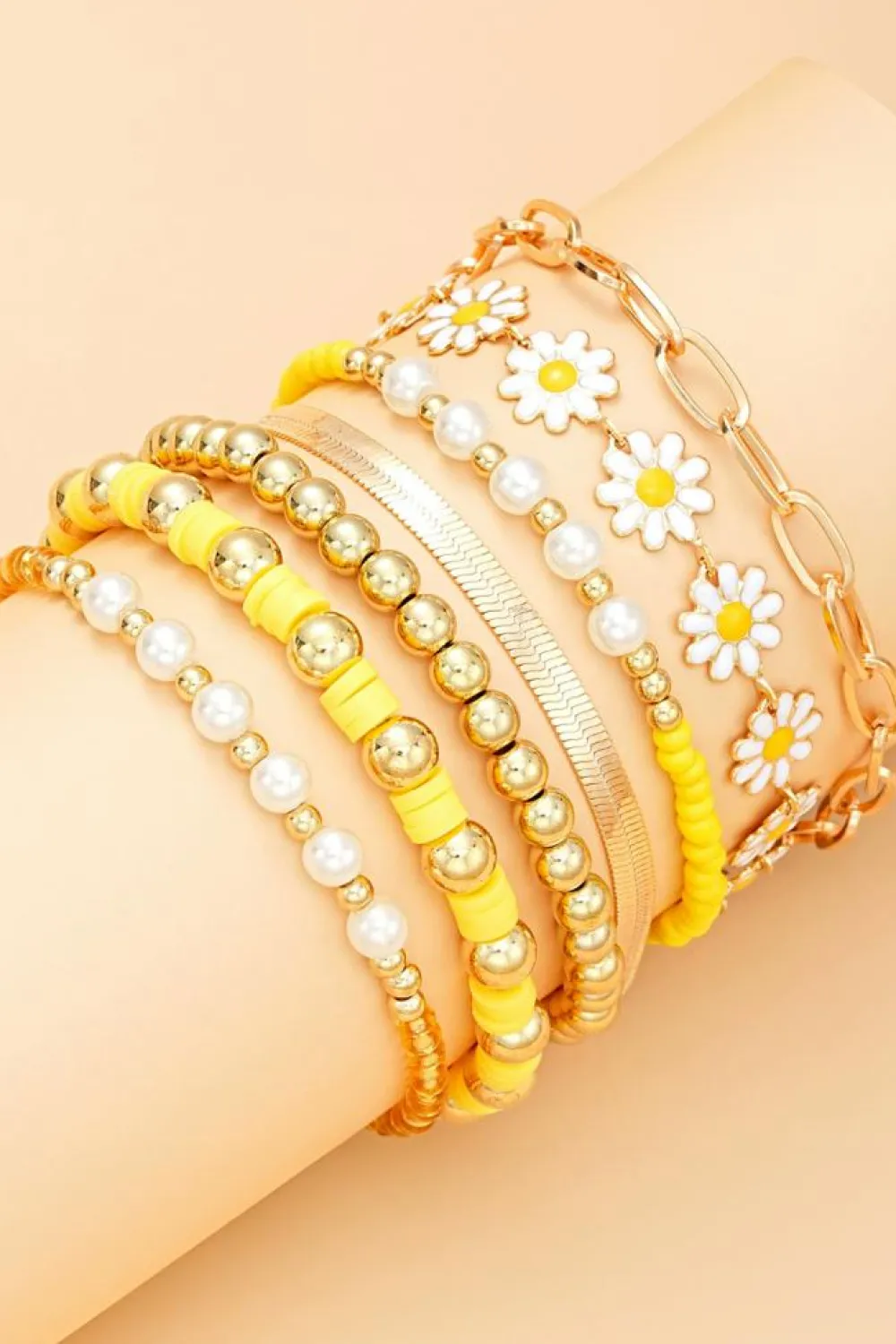 Discount Dear-Lover Daisy Beaded Chain Adjustable Multi Layer Bracelet Set Gold