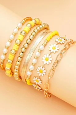 Discount Dear-Lover Daisy Beaded Chain Adjustable Multi Layer Bracelet Set Gold