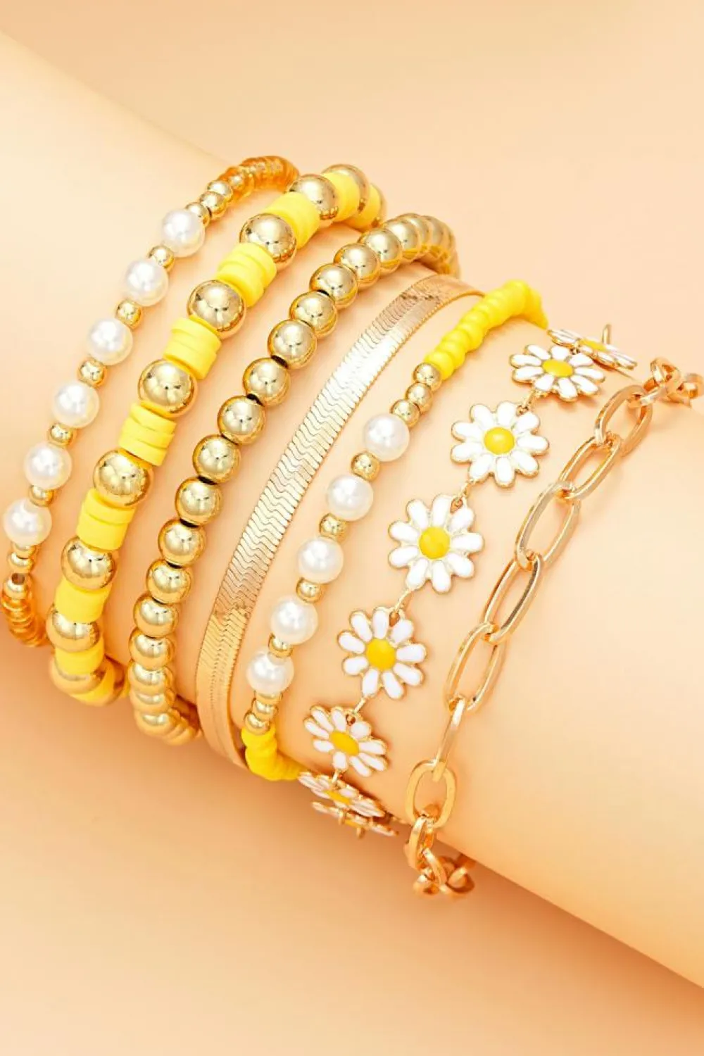 Discount Dear-Lover Daisy Beaded Chain Adjustable Multi Layer Bracelet Set Gold
