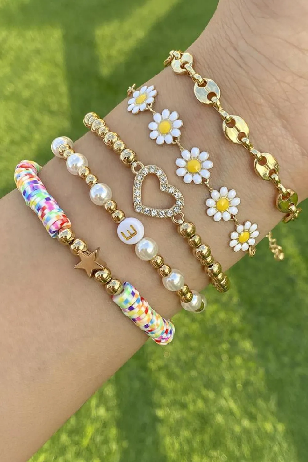 Clearance Dear-Lover Daisy Heart Pearl Beaded Multi Layer Bracelet Gold