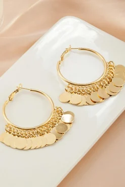 Sale Dear-Lover Disc Tasseled Hoop Earrings Gold