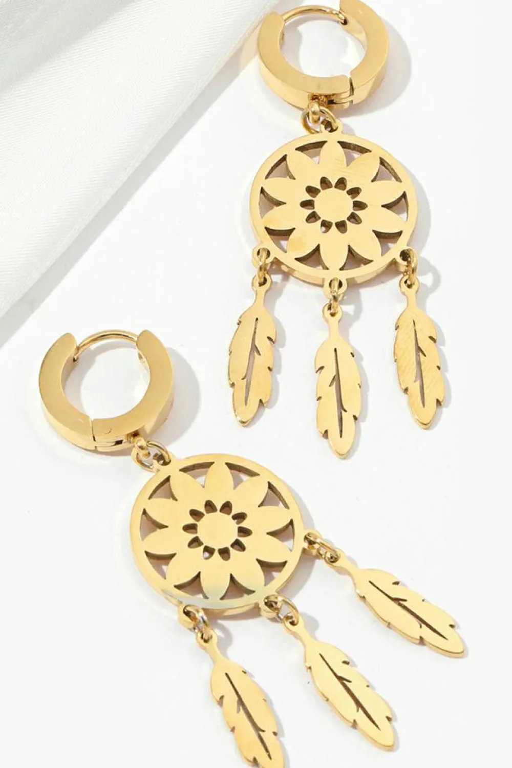 Best Dear-Lover Dream Catcher Feather Fringed Alloy Dangle Earrings Gold