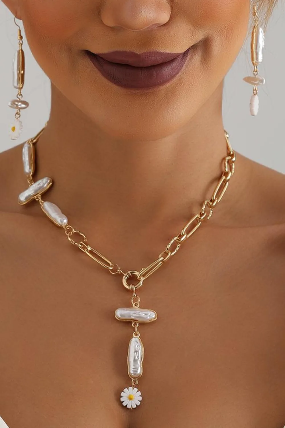 Sale Dear-Lover Faux Pearl Daisy Jointed Chain Choker Necklace Gold