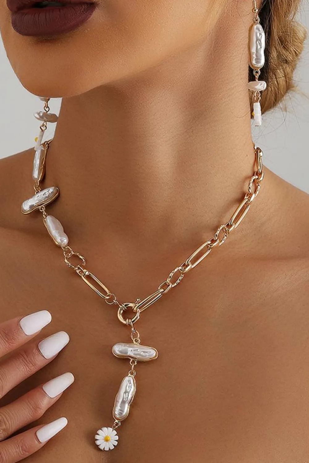 Sale Dear-Lover Faux Pearl Daisy Jointed Chain Choker Necklace Gold