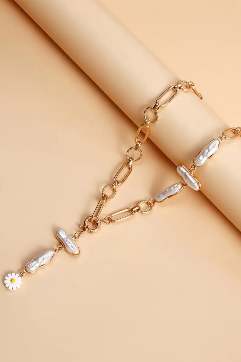 Sale Dear-Lover Faux Pearl Daisy Jointed Chain Choker Necklace Gold