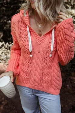 Best Dear-Lover Cable Knit V Neck Contrast Drawstring Hooded Sweater Gold Flame