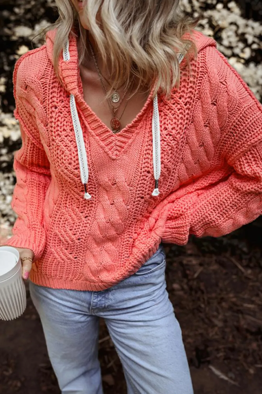 Best Dear-Lover Cable Knit V Neck Contrast Drawstring Hooded Sweater Gold Flame