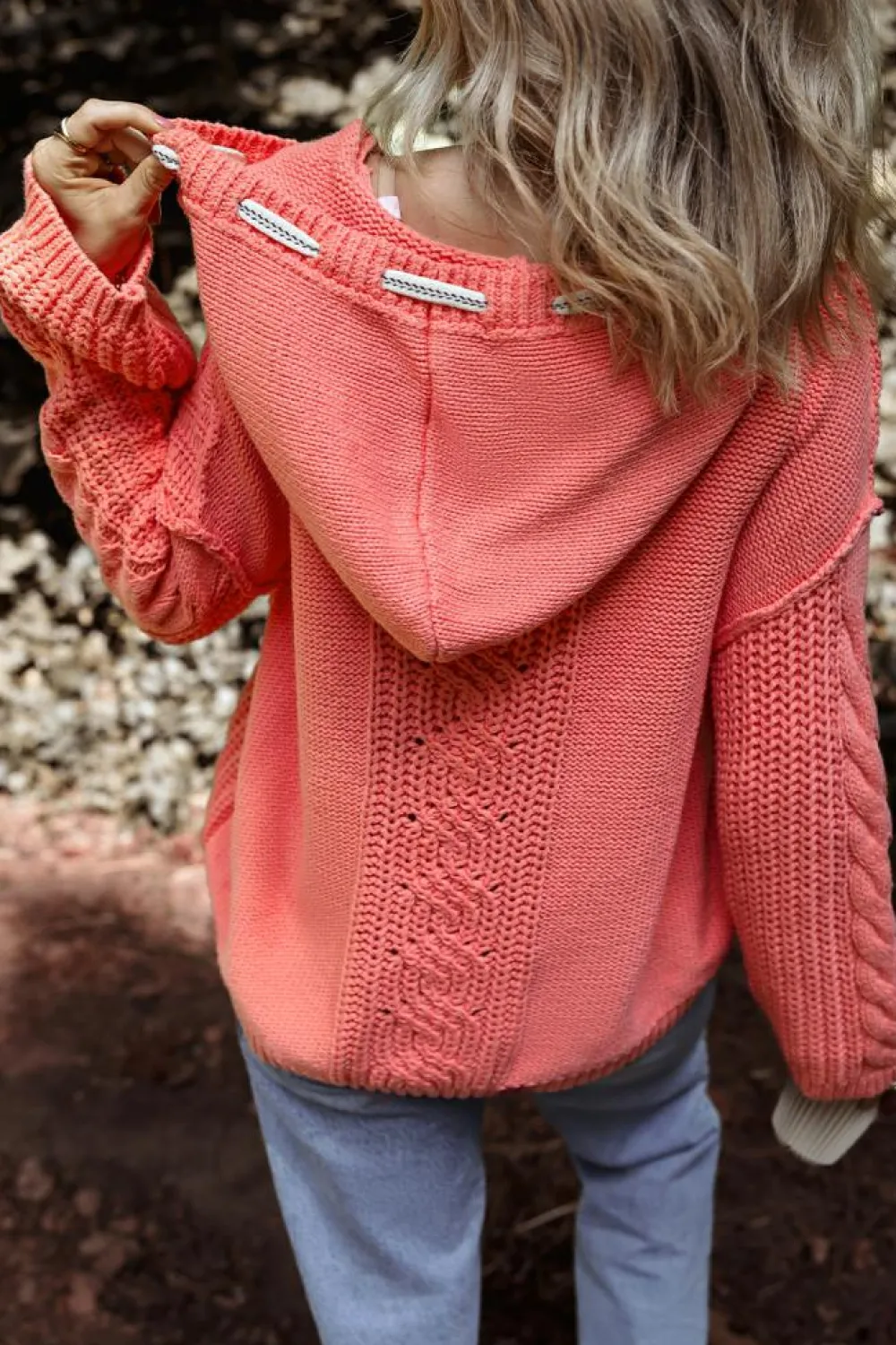 Best Dear-Lover Cable Knit V Neck Contrast Drawstring Hooded Sweater Gold Flame