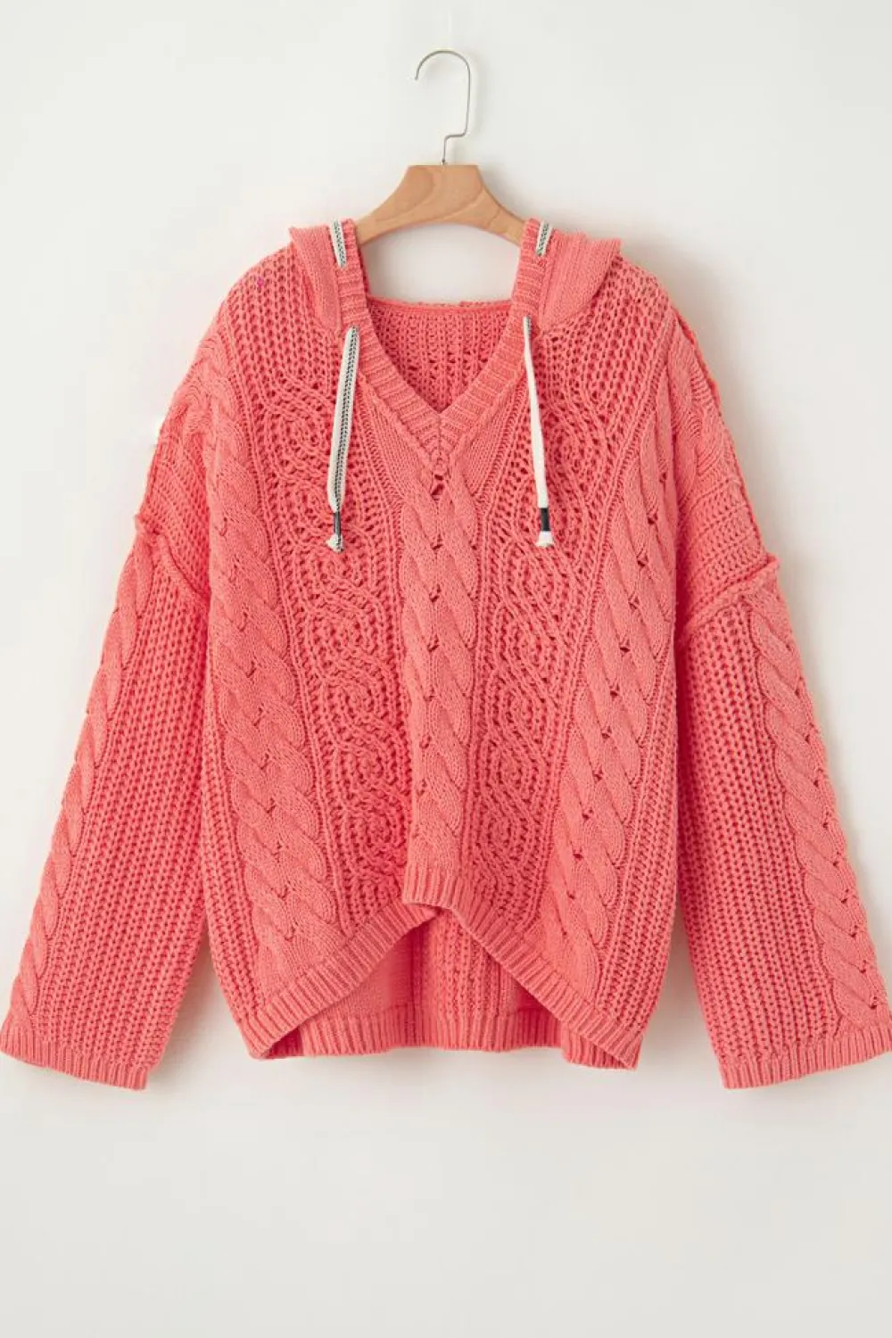 Best Dear-Lover Cable Knit V Neck Contrast Drawstring Hooded Sweater Gold Flame