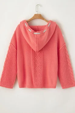 Best Dear-Lover Cable Knit V Neck Contrast Drawstring Hooded Sweater Gold Flame