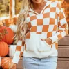 Outlet Dear-Lover Checkered Split Neck Contrast Kangaroo Pocket Hooded Sweater Gold Flame