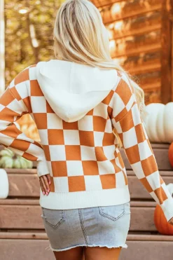 Outlet Dear-Lover Checkered Split Neck Contrast Kangaroo Pocket Hooded Sweater Gold Flame