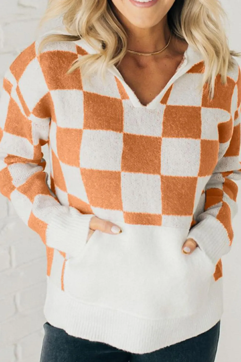 Outlet Dear-Lover Checkered Split Neck Contrast Kangaroo Pocket Hooded Sweater Gold Flame