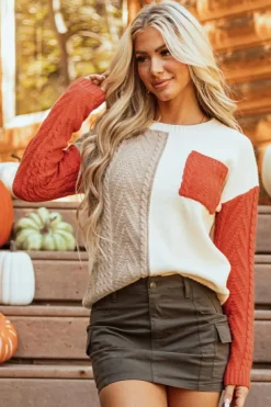 Fashion Dear-Lover Colorblock Patched Pocket Drop Shoulder Sweater Gold Flame