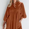 Clearance Dear-Lover Corduroy Snap Buttons Empire Waist Bracelet Sleeve Dress Gold Flame