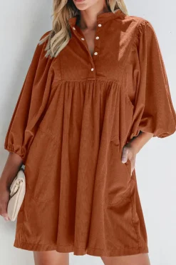 Clearance Dear-Lover Corduroy Snap Buttons Empire Waist Bracelet Sleeve Dress Gold Flame