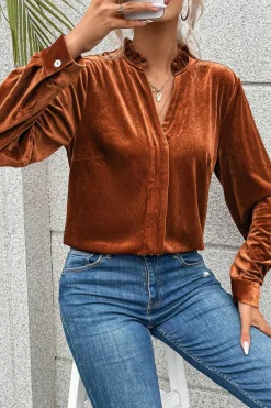 Sale Dear-Lover Frilled Collar Velvet Shirt Gold Flame