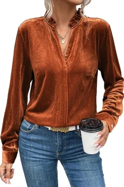 Sale Dear-Lover Frilled Collar Velvet Shirt Gold Flame
