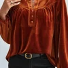 Discount Dear-Lover Lantern Sleeve Beaded Split V Neck Velvet Top Gold Flame