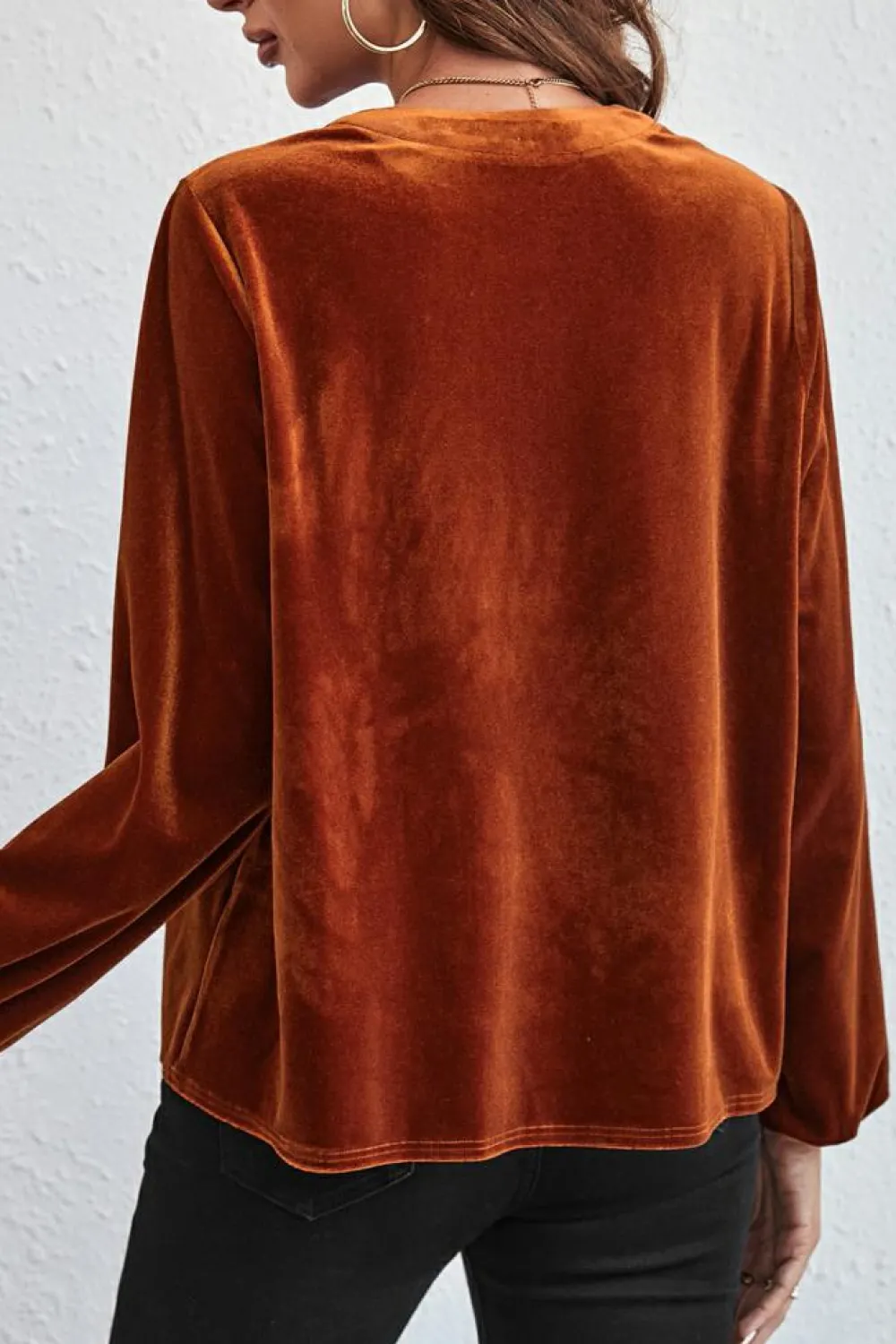 Discount Dear-Lover Lantern Sleeve Beaded Split V Neck Velvet Top Gold Flame