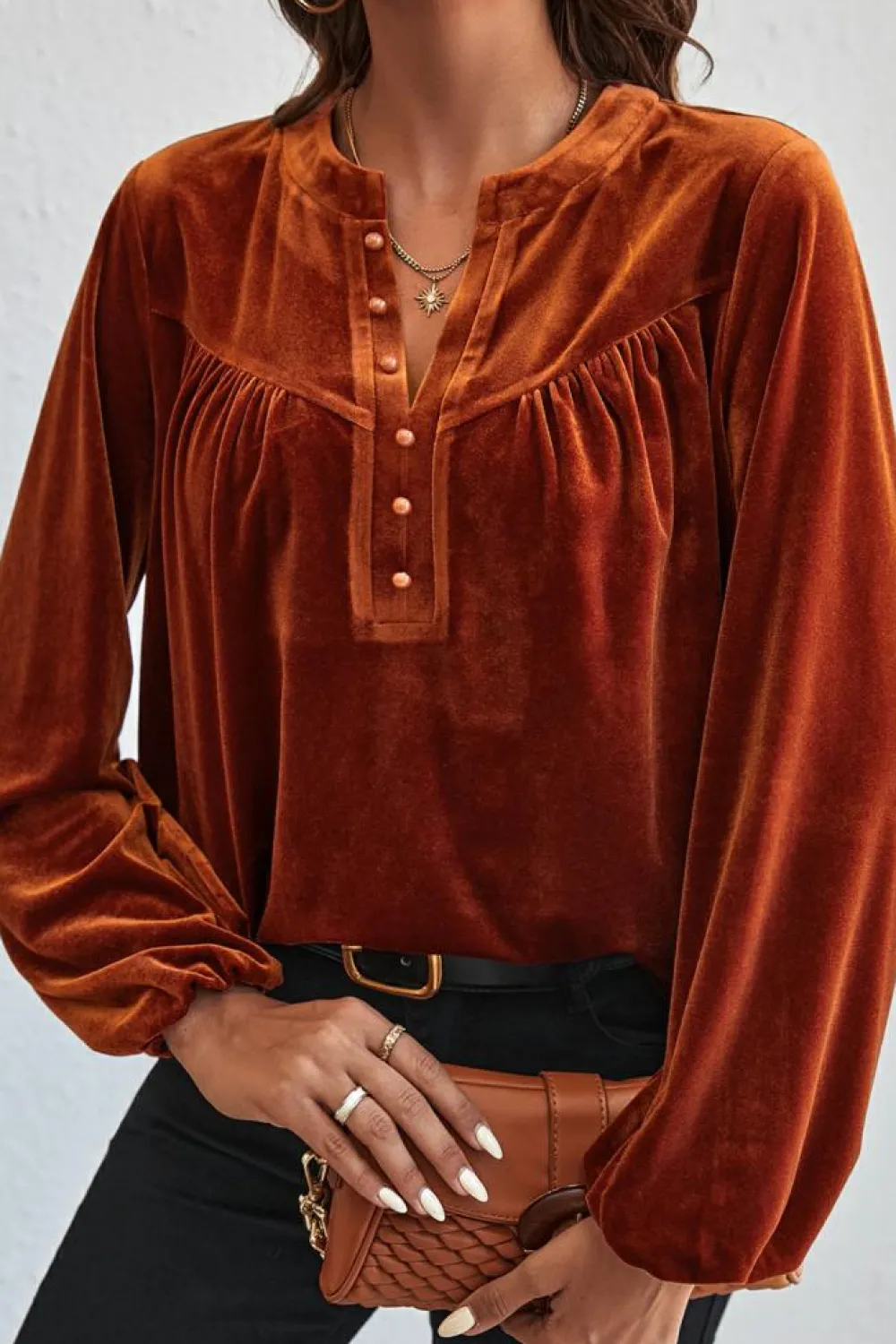 Discount Dear-Lover Lantern Sleeve Beaded Split V Neck Velvet Top Gold Flame