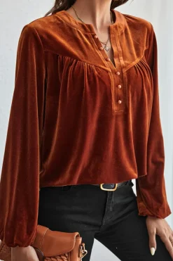Discount Dear-Lover Lantern Sleeve Beaded Split V Neck Velvet Top Gold Flame