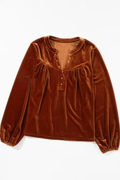 Discount Dear-Lover Lantern Sleeve Beaded Split V Neck Velvet Top Gold Flame