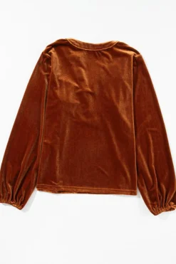 Discount Dear-Lover Lantern Sleeve Beaded Split V Neck Velvet Top Gold Flame