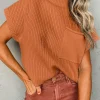 Fashion Dear-Lover Patch Pocket Ribbed Knit Short Sleeve Sweater Gold Flame