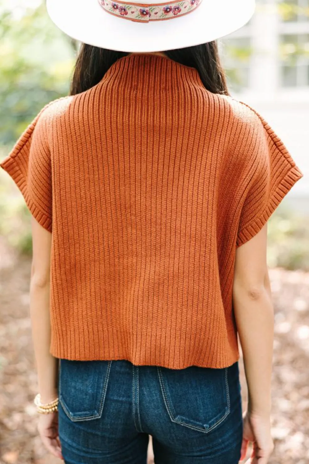 Fashion Dear-Lover Patch Pocket Ribbed Knit Short Sleeve Sweater Gold Flame