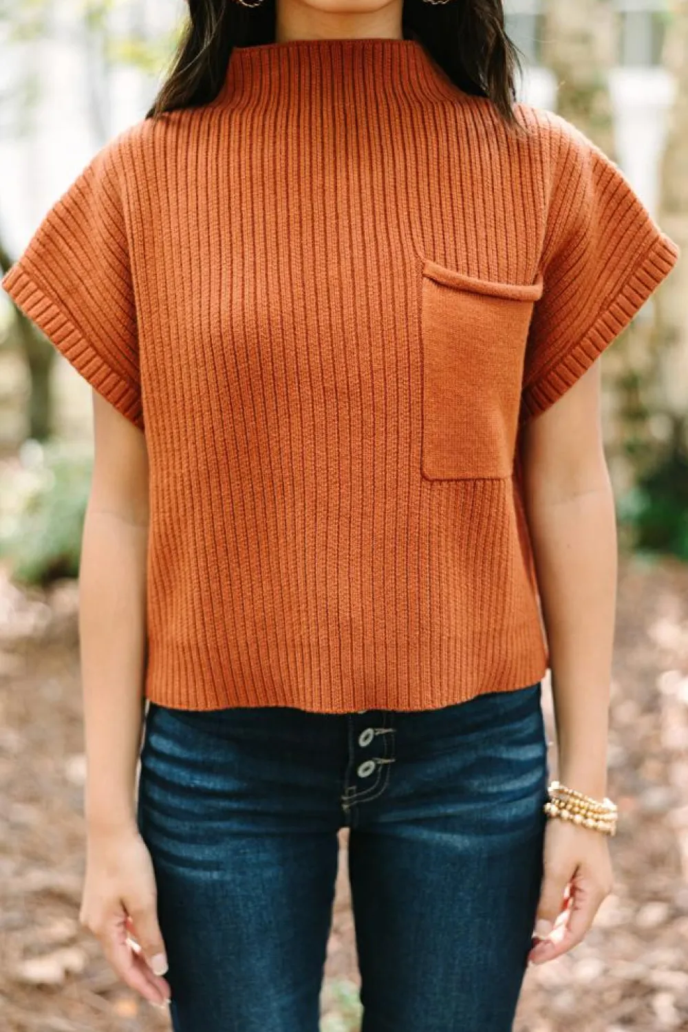 Fashion Dear-Lover Patch Pocket Ribbed Knit Short Sleeve Sweater Gold Flame