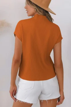 Fashion Dear-Lover Patch Pocket Ribbed Knit Short Sleeve Sweater Gold Flame