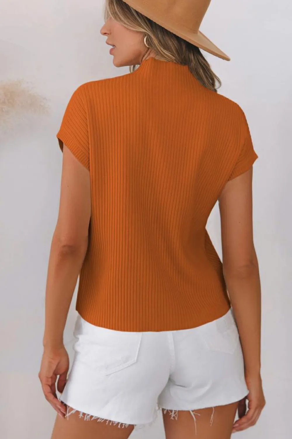 Fashion Dear-Lover Patch Pocket Ribbed Knit Short Sleeve Sweater Gold Flame