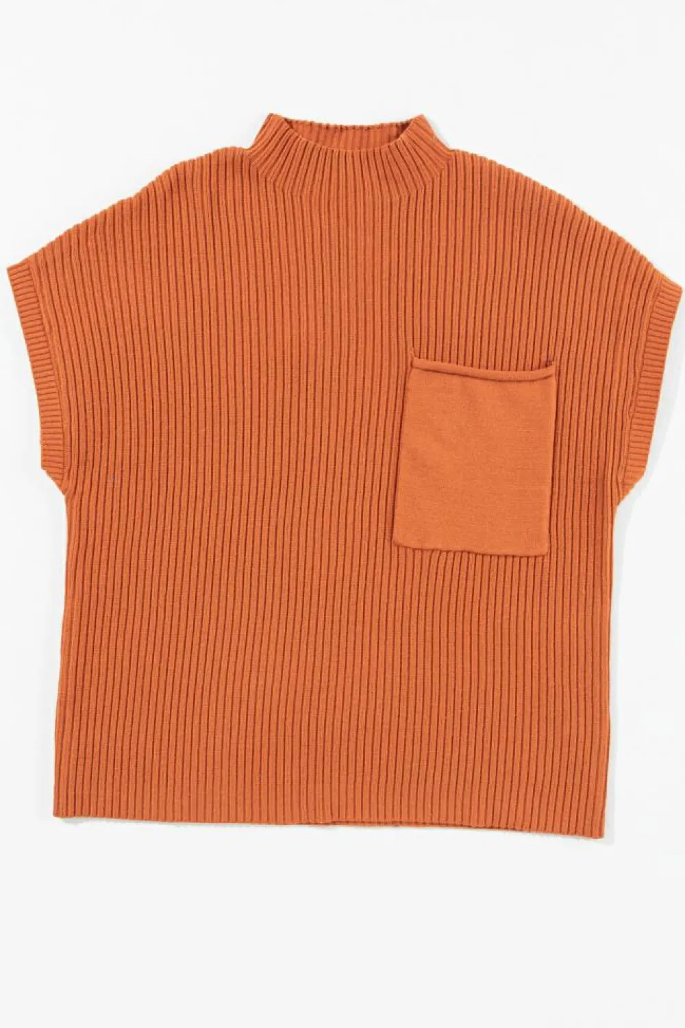 Fashion Dear-Lover Patch Pocket Ribbed Knit Short Sleeve Sweater Gold Flame