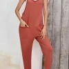 Clearance Dear-Lover Side Pockets Harem Pants Sleeveless V Neck Jumpsuit Gold Flame
