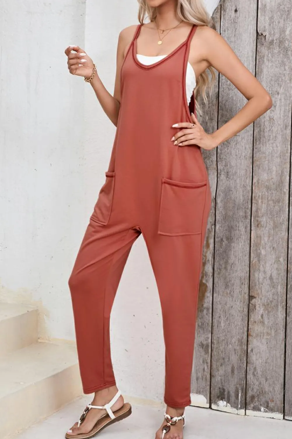 Clearance Dear-Lover Side Pockets Harem Pants Sleeveless V Neck Jumpsuit Gold Flame
