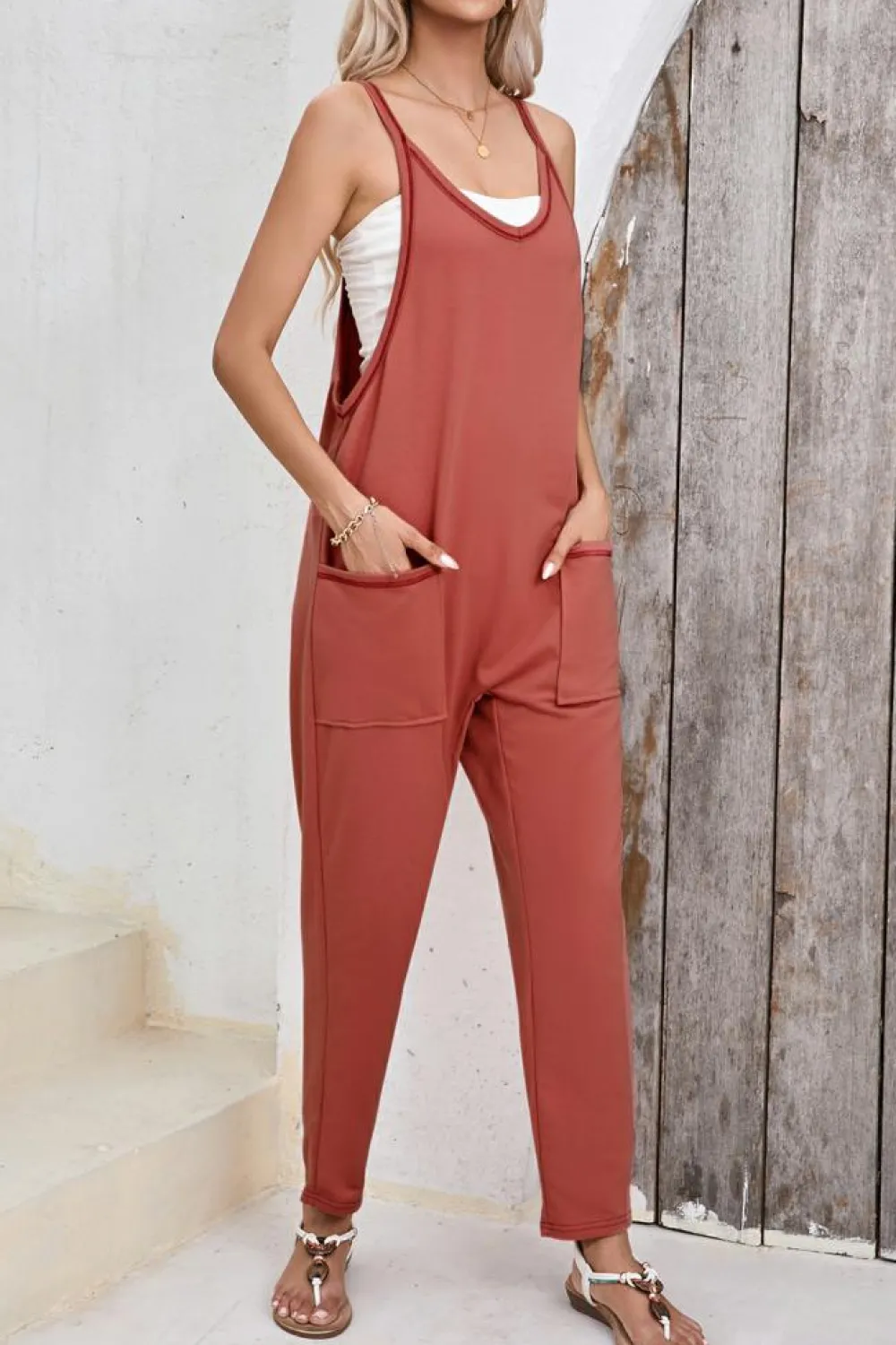 Clearance Dear-Lover Side Pockets Harem Pants Sleeveless V Neck Jumpsuit Gold Flame