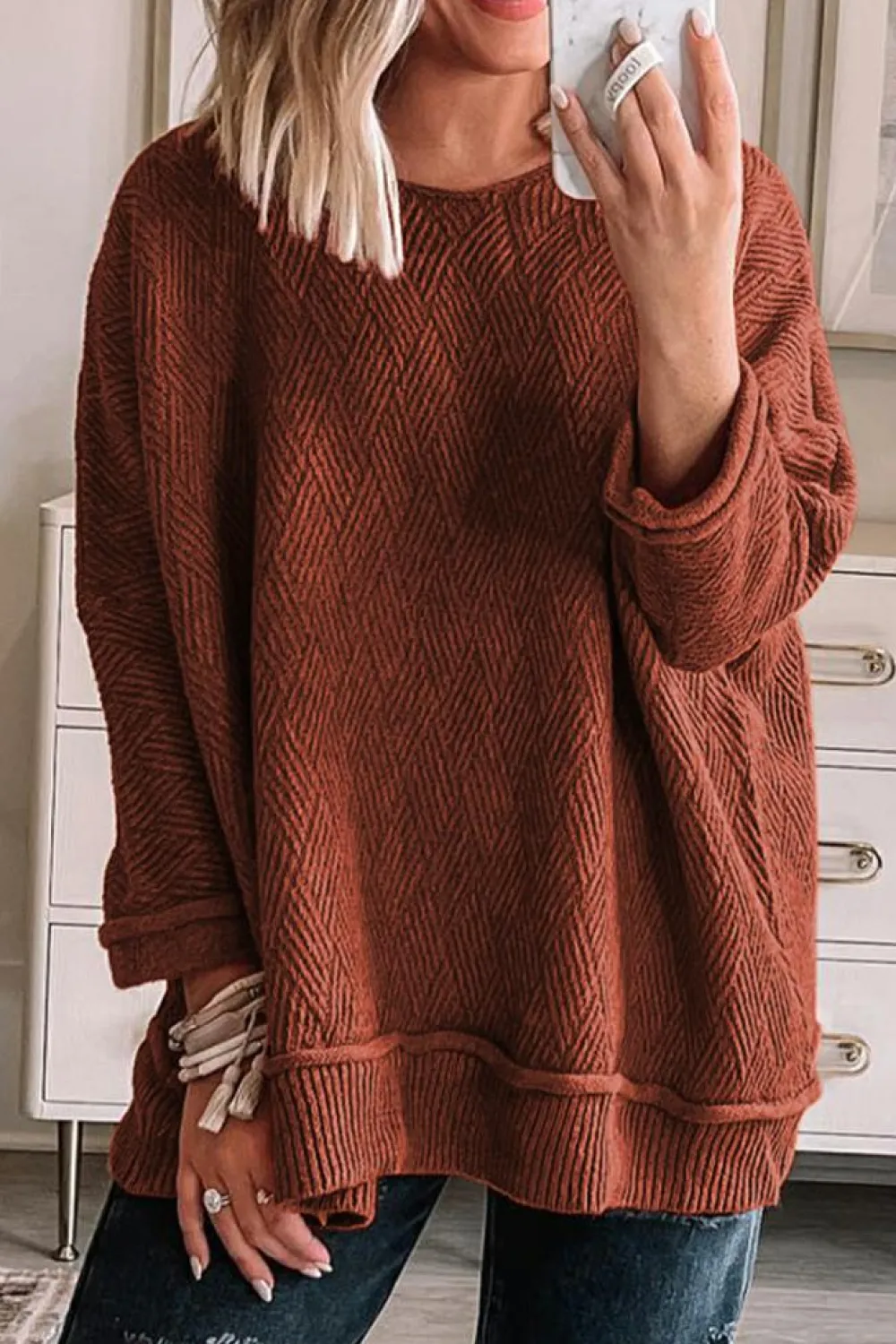 Discount Dear-Lover Solid Color Textured Crew Neck Loose Sweater Gold Flame