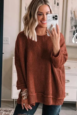 Discount Dear-Lover Solid Color Textured Crew Neck Loose Sweater Gold Flame